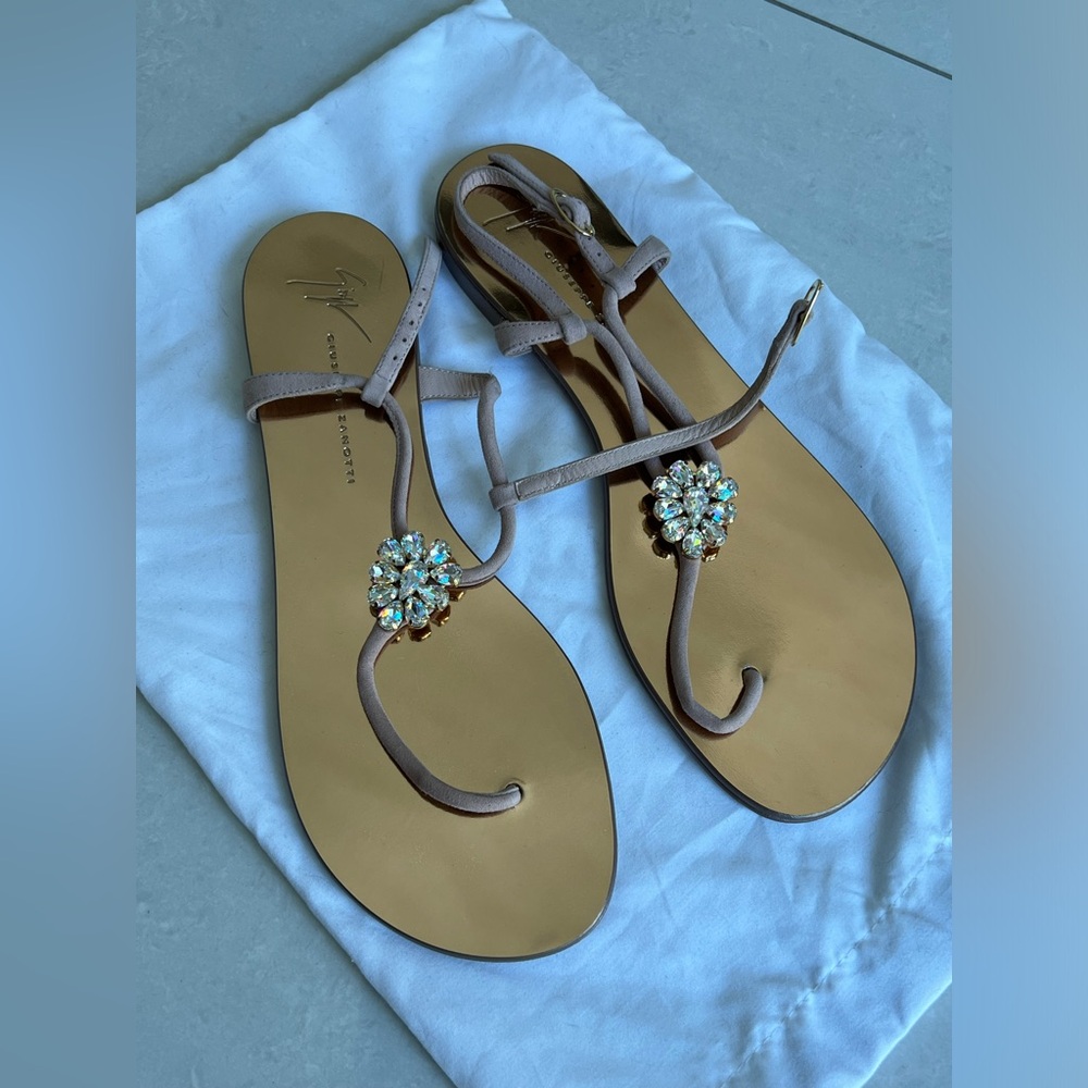 GIUSEPPE ZANOTTI Rhinestone T-strap Leather Sandals Beige NEW